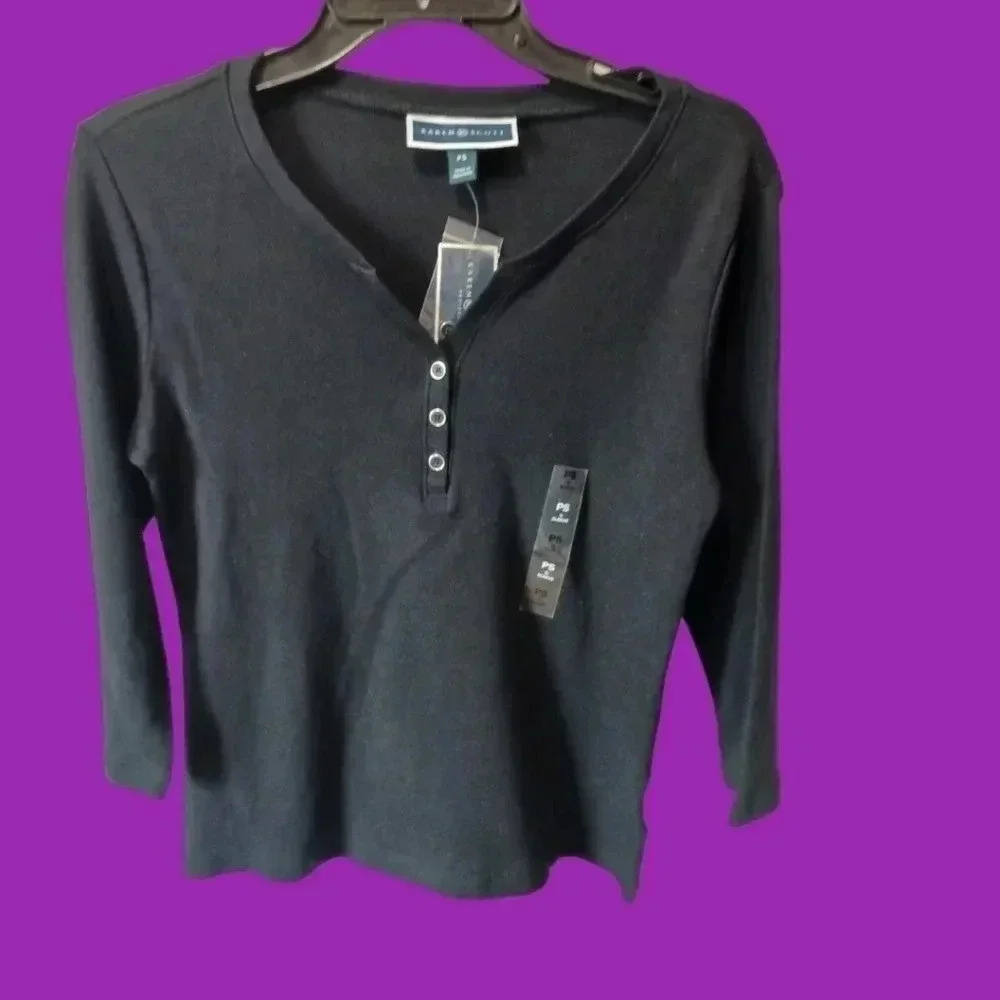 Karen Scott henley shirt women petite black color size ps - Picture 3 of 8